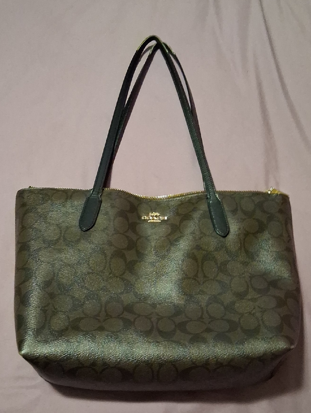 Coach Brown Signature Tote with Dark Green Handles